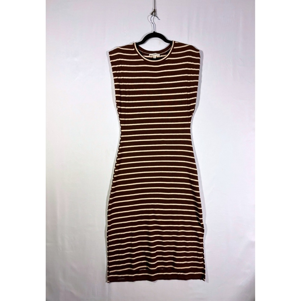 Chic Minimalist Striped Knit Entro Midi Bodycon Dress Womens Small Brown Cream